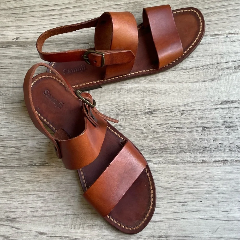Samuji Leather 2 Strap Sandal W/Heel Strap Adjustable Buckle Closure Brown SZ 6